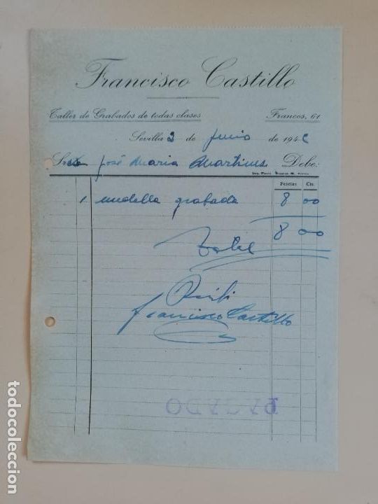 Facturas antiguas: FACTURA. TALLER DE GRABADOS. FRANCISCO CASTILLO. SEVILLA, 1942.