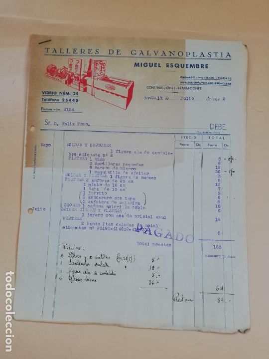 Facturas antiguas: FACTURA. TALLERES DE GALVANOPLASTIA. MIGUEL ESQUEMBRE. SEVILLA, 1942.