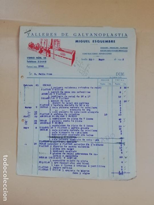 Facturas antiguas: FACTURA. TALLERES DE GALVANOPLASTIA. MIGUEL ESQUEMBRE. SEVILLA, 1942. 2 HOJAS.