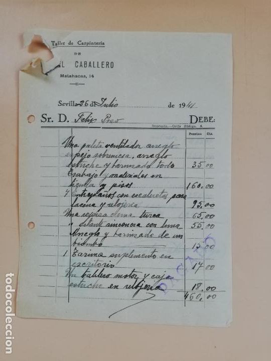 Facturas antiguas: FACTURA. TALLER DE CARPINTERIA. RAFAEL CABALLERO. SEVILLA, 1941. 2 HOJAS.