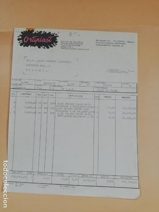 Facturas antiguas: FACTURA. BOLSAS DE POLITENO-SACOS INDUSTRIALES. ORTIPLAST. OLIVENZA, BADAJOZ, 1979.