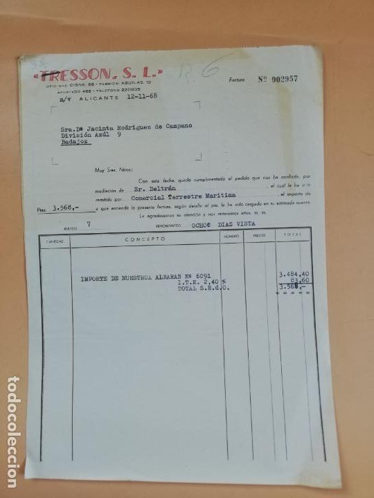 Facturas antiguas: FACTURA. TRESSON, S. L. ALICANTE. 1968.
