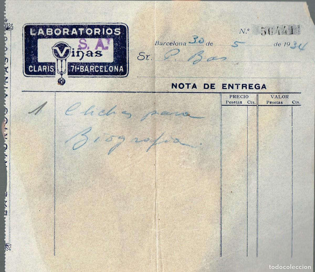 Facturas antiguas: 1934 NOTA DE ENTREGA LABORATORIOS VI&Ntilde;AS (CON SELLO CAUCHO: S.A.) - CLARIS 71 BARCELONA