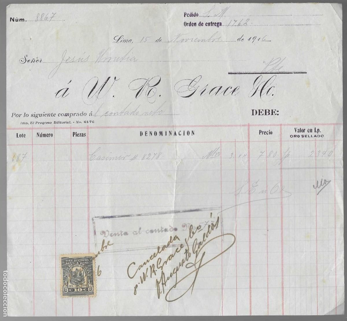 Facturas antiguas: LIMA- PERU- FACTURA VENTA AL CONTADO.- A&Ntilde;O 1916, VER FOTOS