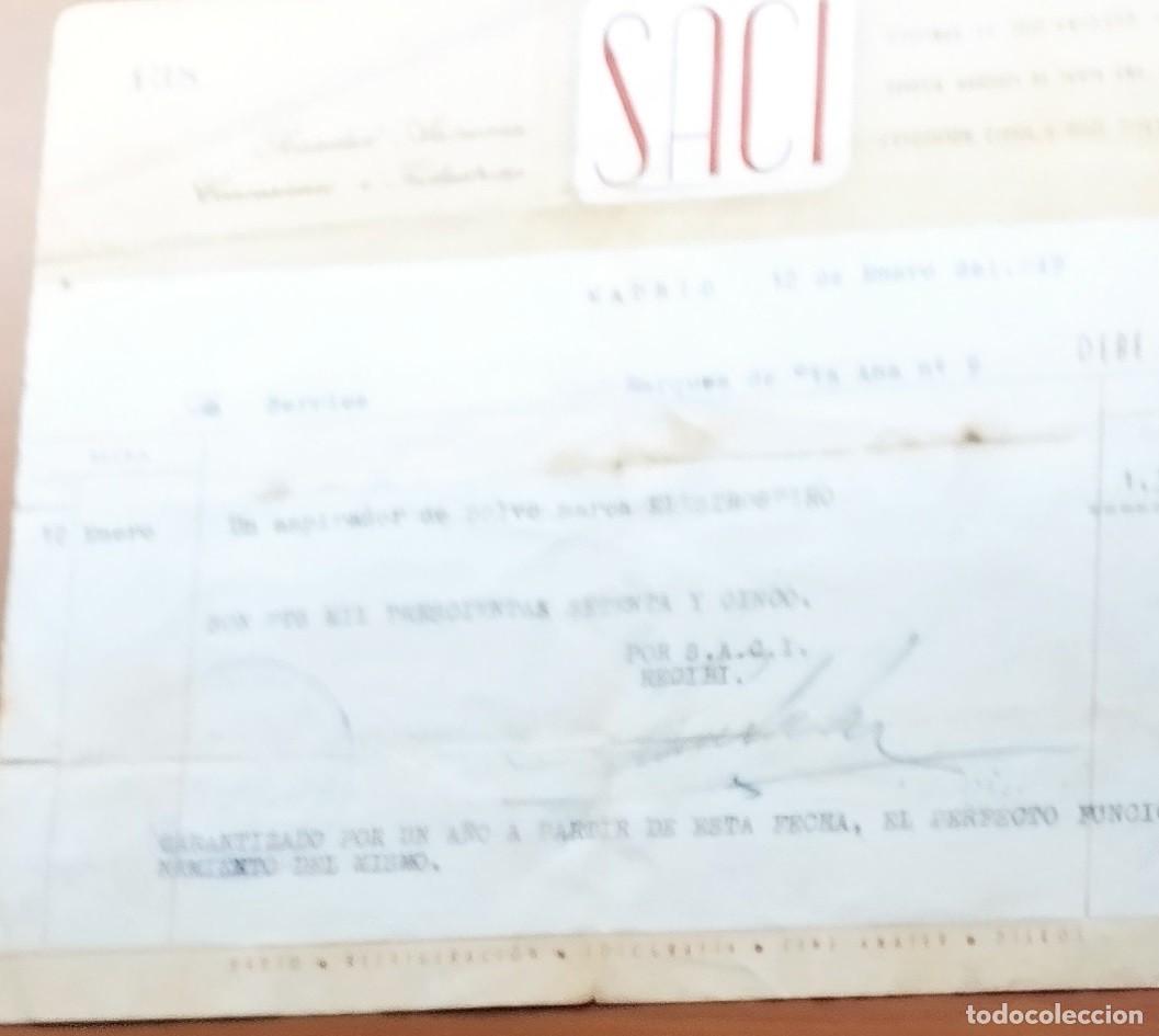 Facturas antiguas: Factura de SACI SA de Madrid 1949 de un aspirador Electrospiro de 1,375 pesetas