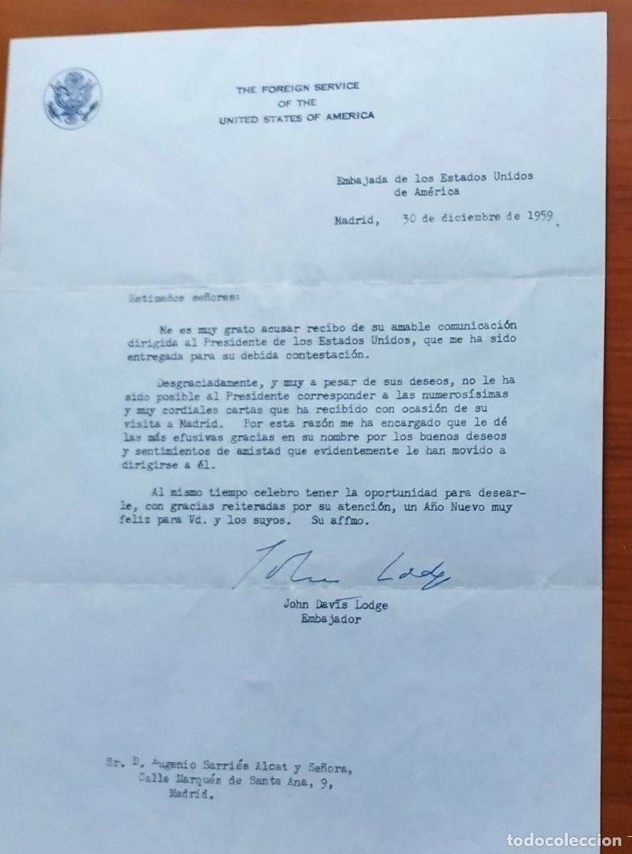 Facturas antiguas: Carta 1959 embajador USA en Madrid Davis Lodge agradeciendo saludo a Eisenhower por visita a Madrid