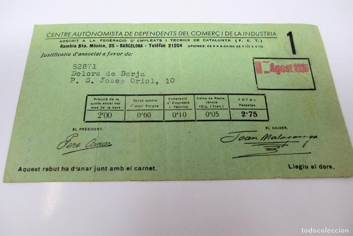 Old Invoices: Recibo Centre Autonomista de Dependents del Comer&ccedil; i de la Industria de Barcelona - Agosto 1936
