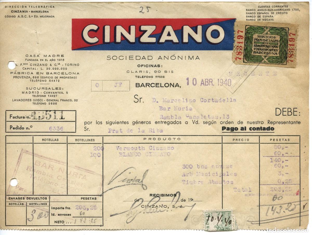 Factures anciennes: MUY ANTIGUA FACTURA CINZANO - 1940