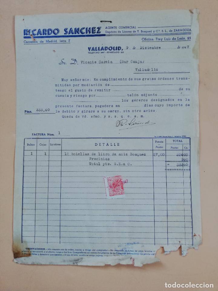 Factures anciennes: FACTURA. RICARDO SANCHEZ. AGENTE COMERCIAL. VALLADOLID, 1947.