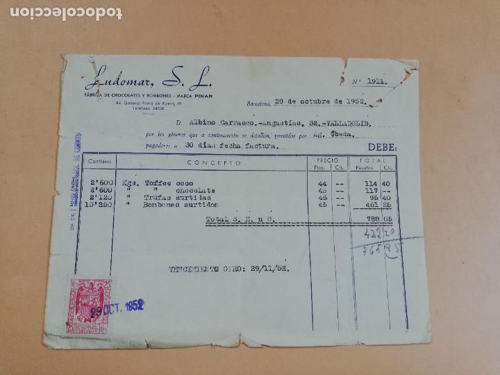 Factures anciennes: FACTURA. FABRICA DE CHOCOLATES Y BOMBONES. LUDOMAR, S.L. BARCELONA, 1962.