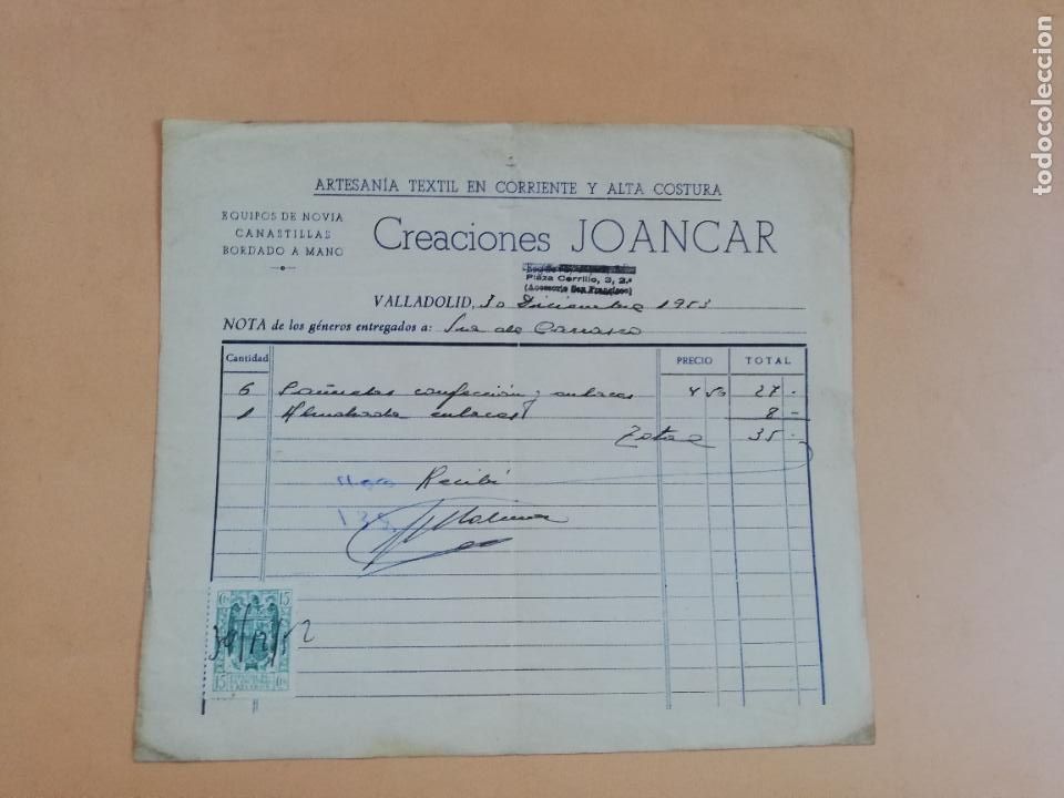 Factures anciennes: FACTURA. ARTESANIA TEXTIL EN CORRIENTE Y ALTA COSTURA. CREACIONES JOANCAR. VALLADOLID, 1953.
