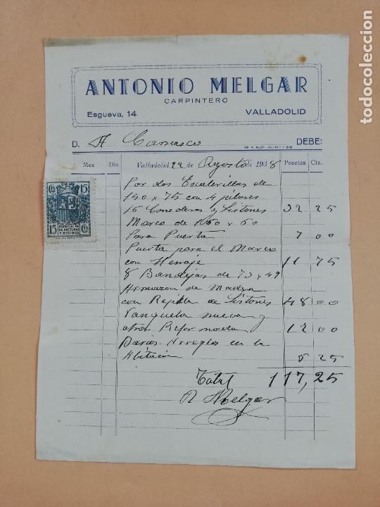 Factures anciennes: FACTURA. CARPINTERO. ANTONIO MELGAR. VALLADOLID, 1938.