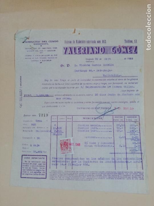 Factures anciennes: FACTURA. PRODUCTOS DEL CERDO. FABRICA DE EMBUTIDOS. VALERIO GOMEZ. GUIJUELO, SALAMANCA, 1948.