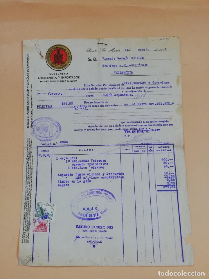 Factures anciennes: FACTURA. COSECHERO. ALMACENISTA Y EXPORTADOR DE VINOS. VDA. EDMUNDO. PTO. STA. M&ordf;, CADIZ, 1947.
