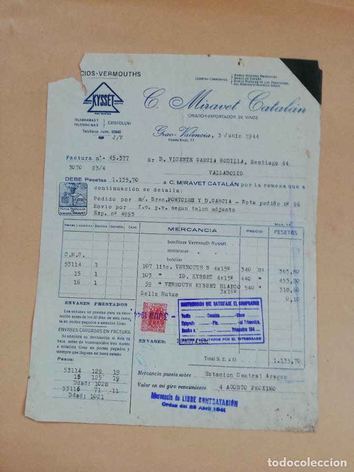 Factures anciennes: FACTURA. CRIADOR-EXPORTADOR DE VINOS. C. MIRAVET CATALAN. GRAO-VALENCIA, 1944.