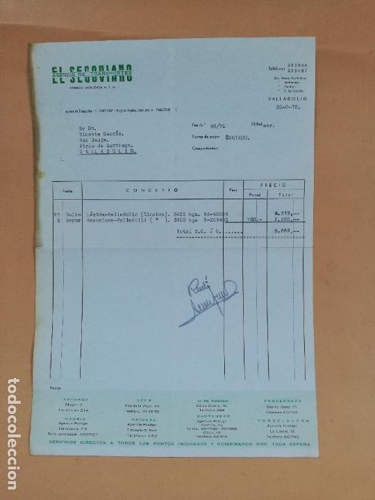 Factures anciennes: FACTURA. AGENCIA DE TRANSPORTES. EL SEGOVIANO. VALLADOLID, 1970.
