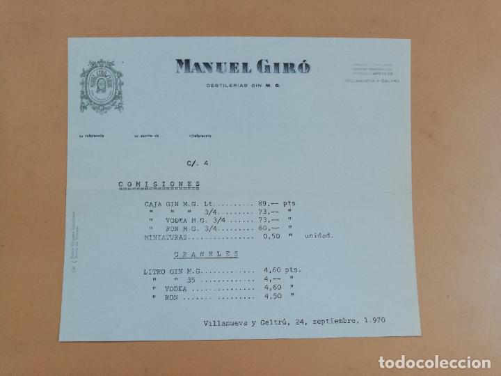 Factures anciennes: FACTURA. DESTILERIAS GIN M.G. MANUEL GIRO. VILLANUEVA Y GELTRU, BARCELONA, 1970.