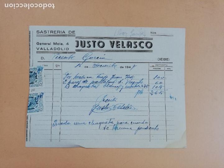 Factures anciennes: FACTURA. SASTRERIA DE JUSTO VELASCO. VALLADOLID, 1947.