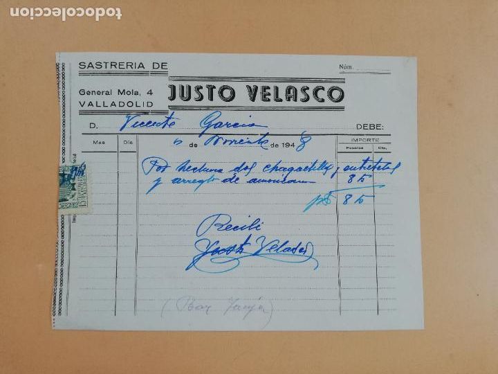 Factures anciennes: FACTURA. SASTRERIA DE JUSTO VELASCO. VALLADOLID, 1948.