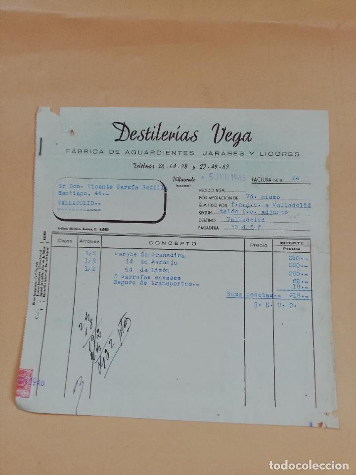 Factures anciennes: FACTURA. FABRICA DE AGUARDIENTES, JARABES Y LICORES. DESTILERIAS VEGA. VILLAVERDE, MADRID, 1948.