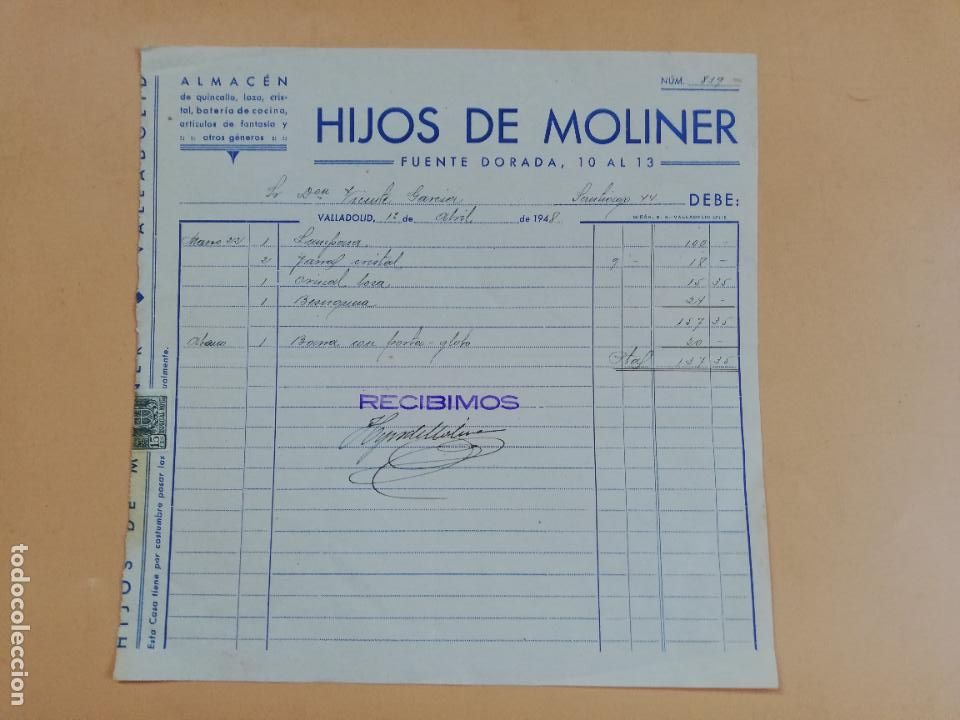 Factures anciennes: FACTURA. ALMACEN DE QUINCALLA. HIJOS DE MOLINER. VALLADOLID, 1948.