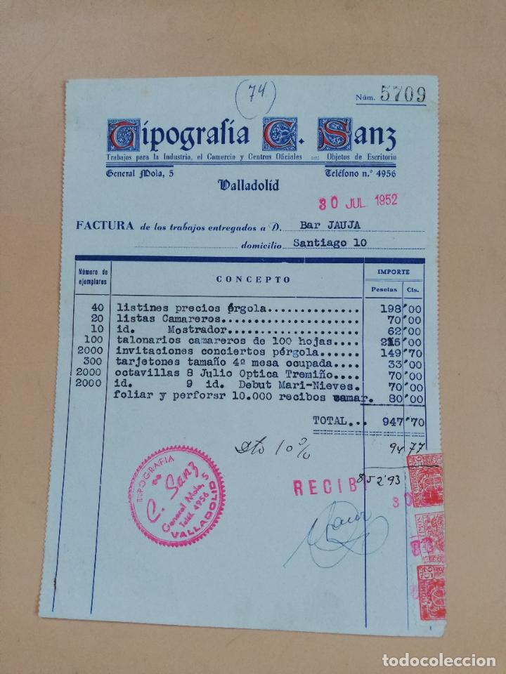 Factures anciennes: FACTURA. TRABAJOS PARA LA INDUSTRIA. TIPOGRAFIA C. SANZ. VALLADOLID, 1952.