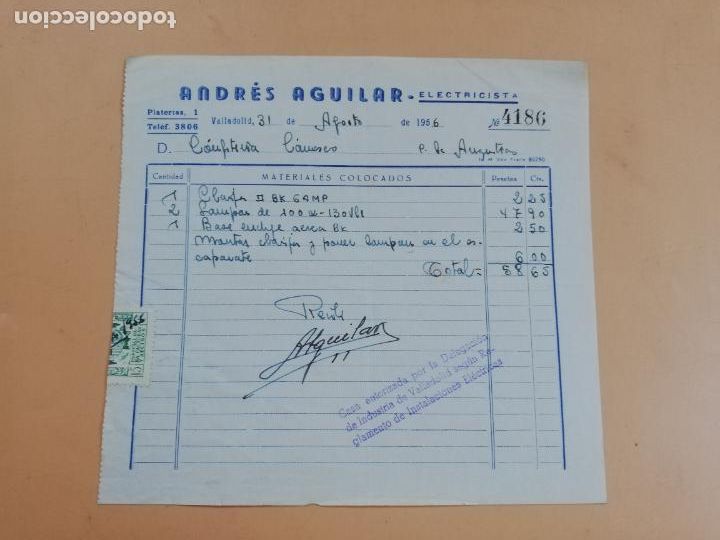 Factures anciennes: FACTURA. ELECTRICISTA. ANDRES AGUILAR. VALLADOLID 1956.