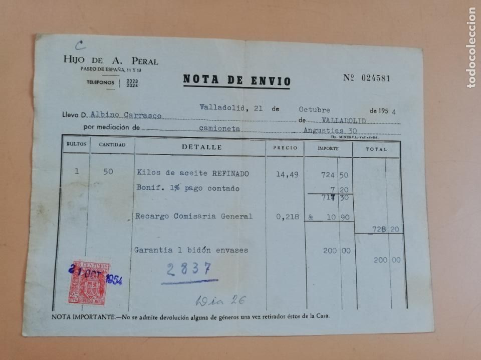 Facturas antiguas: FACTURA. HIJO DE A. PERAL. VALLADOLID, 1954. - Foto 1