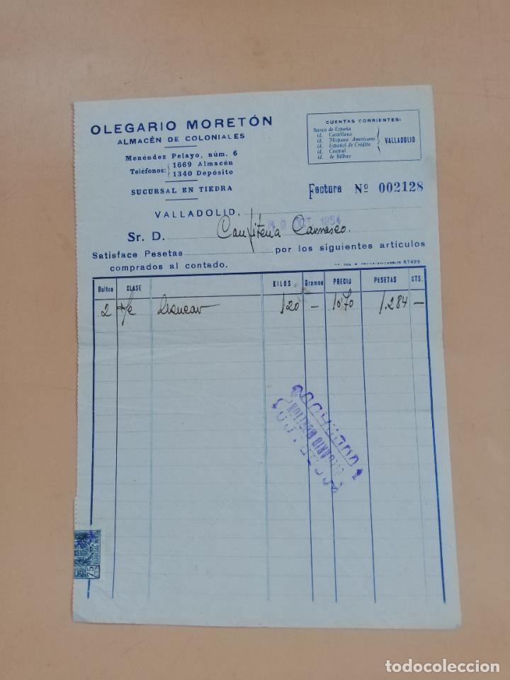 Factures anciennes: FACTURA. ALMACEN DE COLONIALES. OLEGARIO MORETON. VALLADOLID, 1954.
