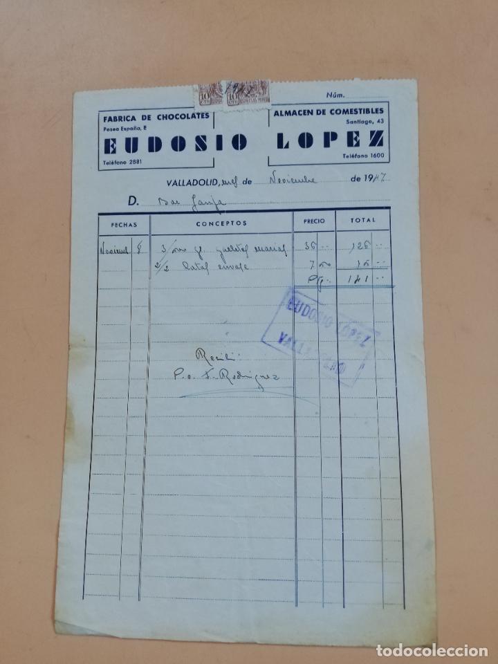 Factures anciennes: FACTURA. FABRICA DE CHOCOLATES. EUDOSIO LOPEZ. VALLADOLID, 1947.