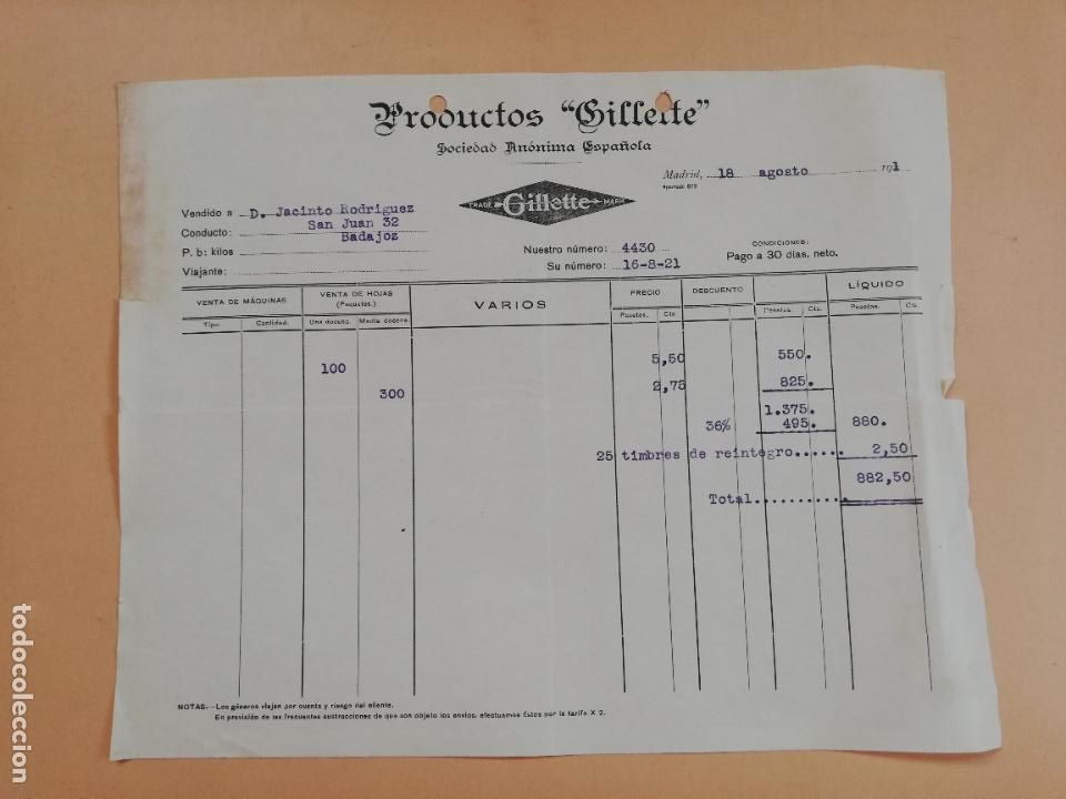 Factures anciennes: FACTURA. PRODUCTOS GUILLETTE, S.A. MADRID, 1921.