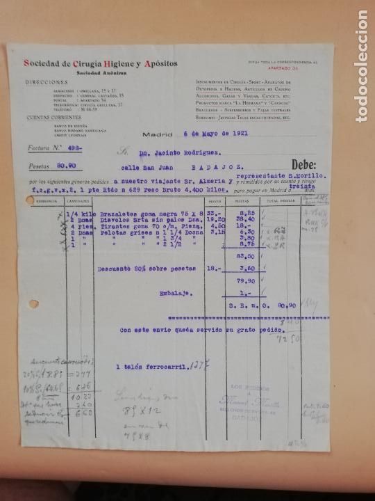 Facturas antiguas: FACTURA. SOCIEDAD DE CIRUGIA, HIGIENE Y APOSITOS, S.A. MADRID, 1921.