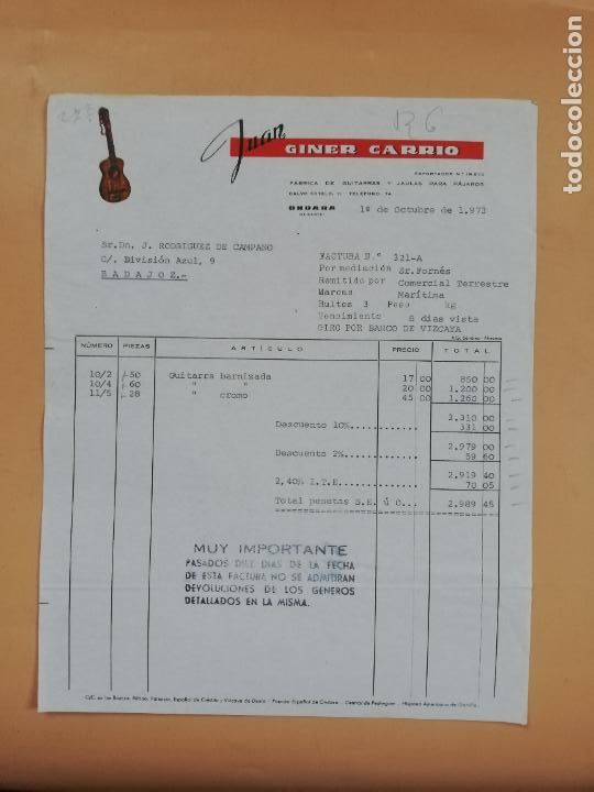 Facturas antiguas: FACTURA. FABRICA DE GUITARRAS Y JAULAS PARA PAJAROS. JUAN GINER CARRIO. ONDARA, ALICANTE, 1973.
