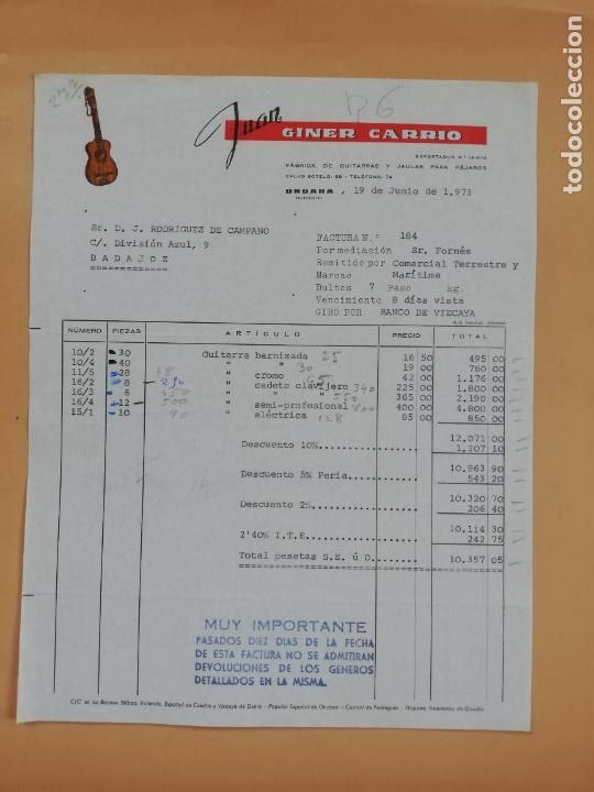 Facturas antiguas: FACTURA. FABRICA DE GUITARRAS Y JAULAS PARA PAJAROS. JUAN GINER CARRIO. ONDARA, ALICANTE, 1973.