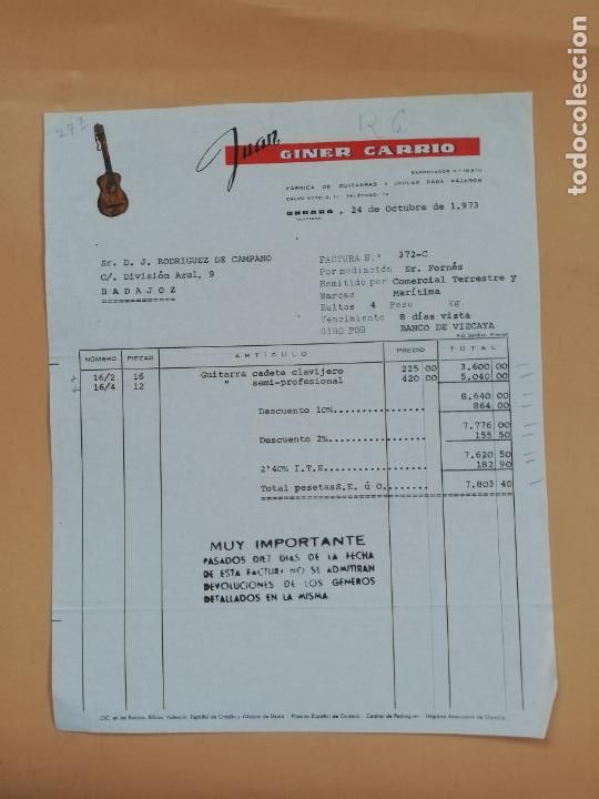 Facturas antiguas: FACTURA. FABRICA DE GUITARRAS Y JAULAS PARA PAJAROS. JUAN GINER CARRIO. ONDARA, ALICANTE, 1973.