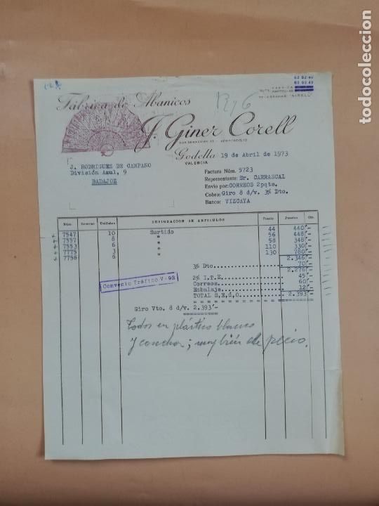 Facturas antiguas: FACTURA. FABRICA DE ABANICOS. G. GINER CORELL. GODELLA, VALENCIA, 1973.