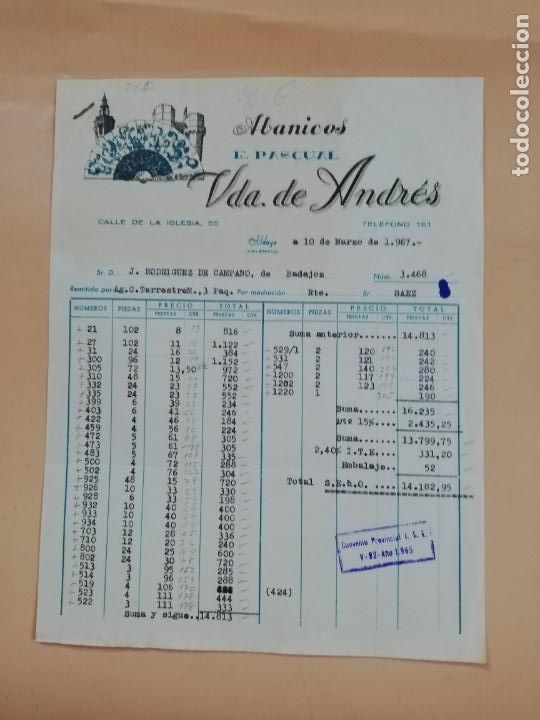 Facturas antiguas: FACTURA. ABANICOS, E. PASCUAL. VDA. DE ANDRES. ALDAYA, VALENCIA, 1967.