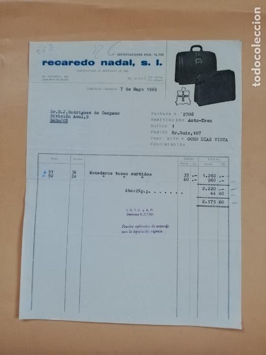 Facturas antiguas: FACTURA. RECADERO NADAL, S. L. MANUFACTURA DE ARTICULOS DE PIEL. CHIRIVELLA, VALENCIA, 1969.