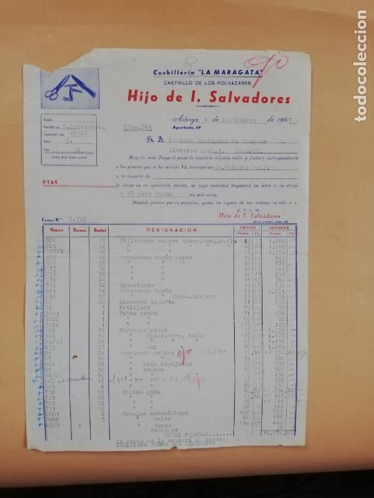 Facturas antiguas: FACTURA. CUCHILLERIA LA MARAGATA. HIJO DE J. SALVADORES. CASTRILLO DE LOS POLVAZARES, ASTORGA. 1967.