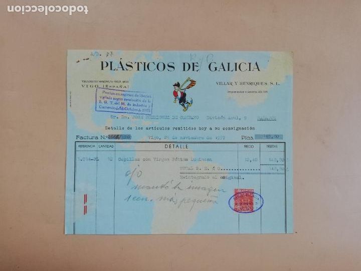 Facturas antiguas: FACTURA. PLASTICOS DE GALICIA. VILLAR Y HENRIQUES S. L. VIGO. 1957.