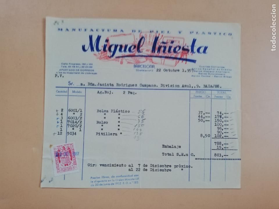 Facturas antiguas: FACTURA. MIGUEL I&Ntilde;IESTA. MANUFACTURA DE PIEL Y PLASTICO. BARCELONA, 1957.