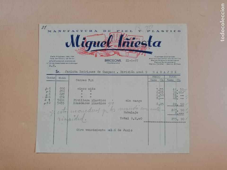Facturas antiguas: FACTURA. MIGUEL I&Ntilde;IESTA. MANUFACTURA DE PIEL Y PLASTICO. BARCELONA, 1957.