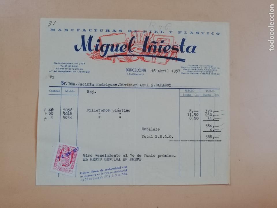 Facturas antiguas: FACTURA. MIGUEL I&Ntilde;IESTA. MANUFACTURA DE PIEL Y PLASTICO. BARCELONA, 1957.