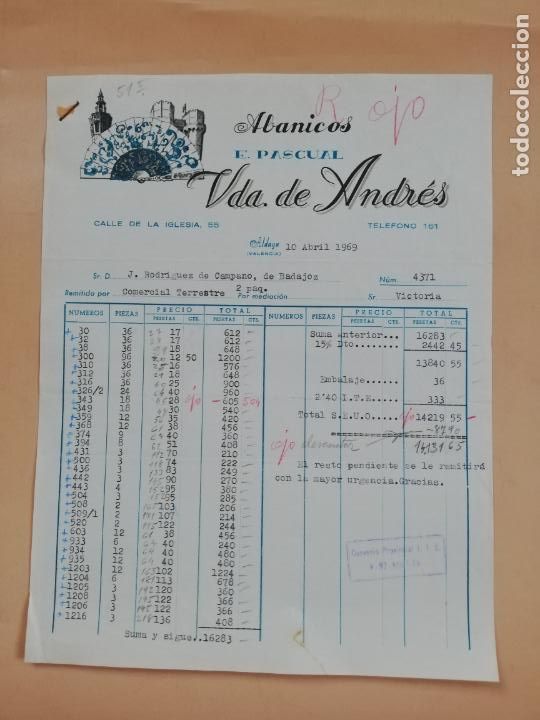 Facturas antiguas: FACTURA. ABANICOS, E. PASCUAL. VDA. DE ANDRES. ALDAYA, VALENCIA, 1969.