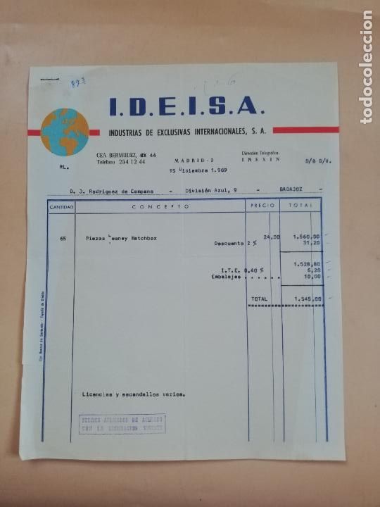 Facturas antiguas: FACTURA. INDUSTRIA DE EXCLUSIVAS INTERNACIONALES, S.A. I.D.E.I.S.A. MADRID, 1969.