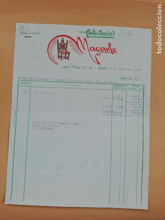 Facturas antiguas: FACTURA. ARTESANIA MAGARTE. SEVILLA. 1971.