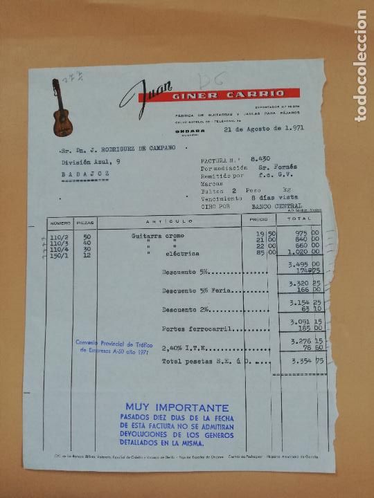 Facturas antiguas: FACTURA. FABRICA DE GUITARRAS Y JAULAS PARA PAJAROS. JUAN GINER CARRIO. ONDARA, ALICANTE, 1971.