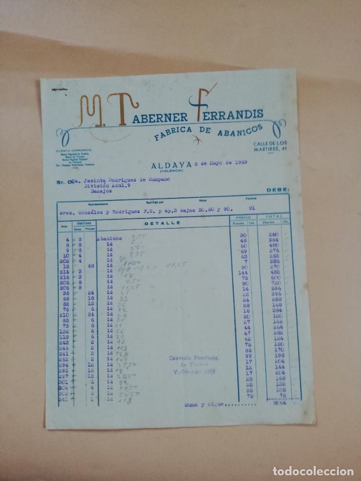 Facturas antiguas: FACTURA. FABRICA DE ABANICOS. M. TABERNER FERRANDIS. ALDAYA, VALENCIA, 1959.
