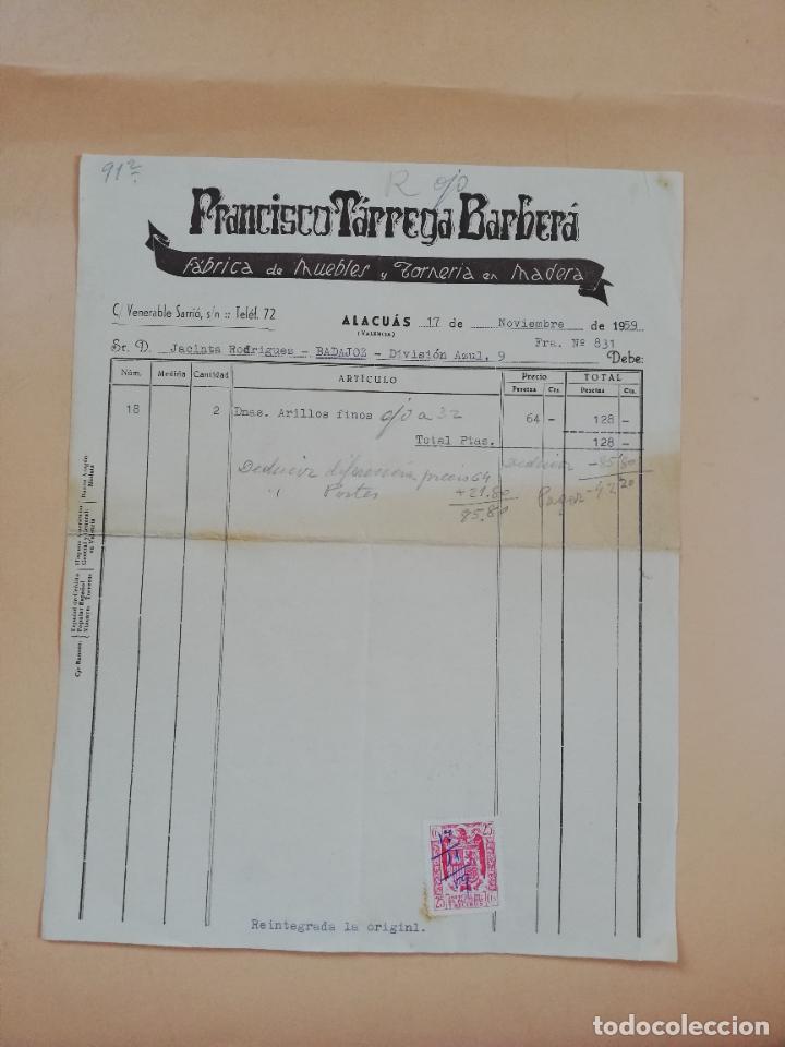 Factures anciennes: FACTURA. FABRICA DE MUEBLES Y TORNERIA EN MADERA. FRANCISCO TARREGA BARBERA. ALACUAS, VALENCIA, 1959