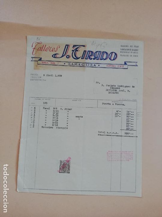 Factures anciennes: FACTURA. FABRICACION DE IMAGENES RELIGIOSAS. TALLERES J. TIRADO. ZARAGOZA, 1959.